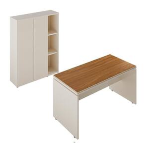 Conjunto De Escritório Office 2 Peças Mesa Armário Alto Oslo Off White E Cedro