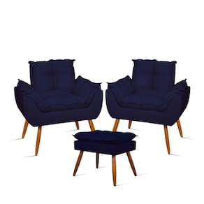Kit 2 Poltronas Luxo + 01 Puff Para Recepção Sala Quarto Azul Marinho