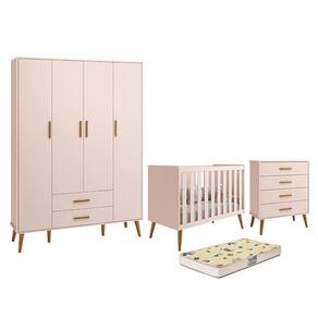 Dormitório Infantil Isis Guarda Roupa 4 Portas Cômoda E Berço Rosa Com Colchão D18 Reller Móveis Rosa