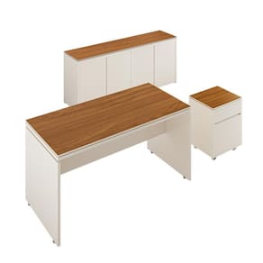 Conjunto De Escritório Office 3 Peças Mesa Gaveteiro Balcão Oslo Off White E Cedro