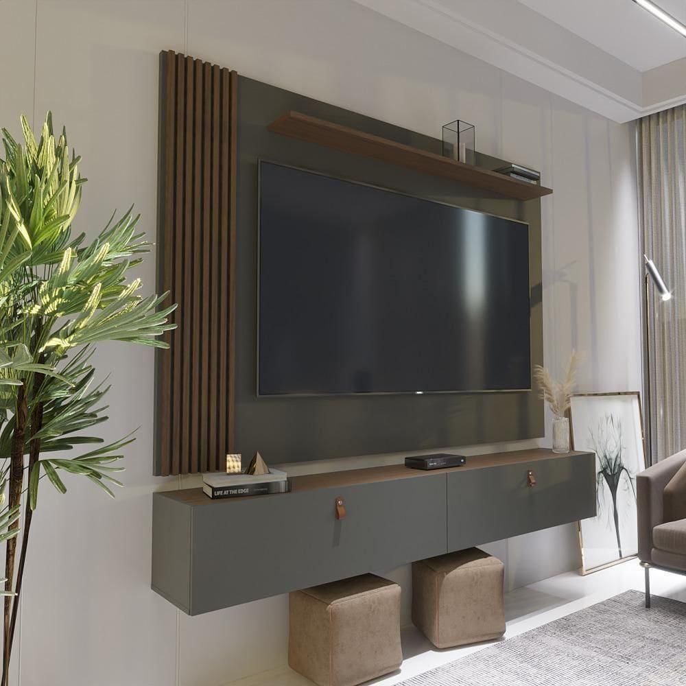 Rack Com Painel Ripado Suspenso Para Tv Até 70 Polegadas 2 Portas Grécia 180cm Cinza