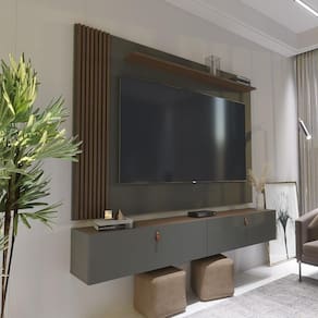 Rack Com Painel Ripado Suspenso Para Tv Até 70 Polegadas 2 Portas Grécia 180cm Cinza