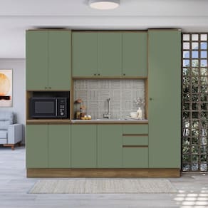Cozinha Compacta Com Kit Forno Celeste Kappesberg 100% MDF Nogueira/Verde 240cm