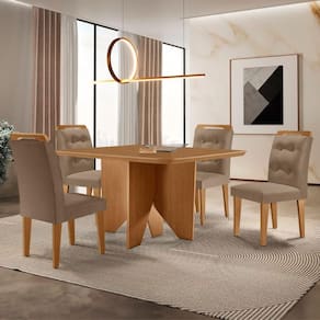 Mesa Evora 90cm Mdf Canto Copo E Com 4 Cadeiras Carol Veludo Capuccino/naturalle/naturalle