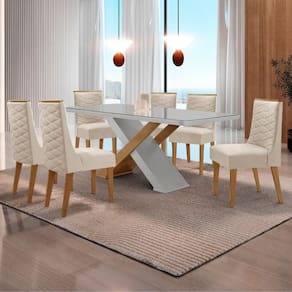 Mesa Sala De Jantar Carol 180cm E 6 Cadeiras Safira Moderna Veludo Creme/off White/imbuia