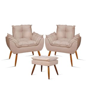 Kit Luxo 02 Poltronas Amamentação Suede + 1 Puff Pés Palito Cor:bege Bege