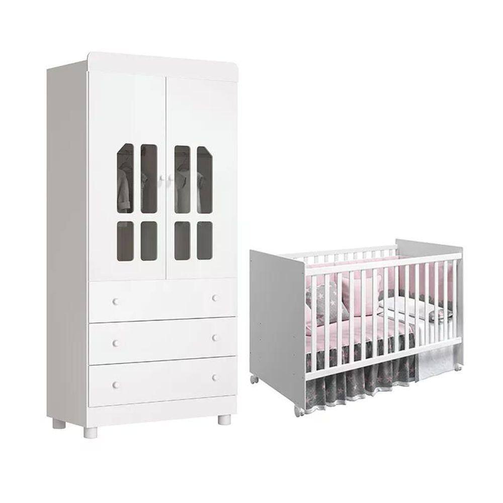 Quarto Infantil Com Guarda Roupa 2 Portas Katatau E Berço Tico Branco Brilho Reller Móveis Branco Brilho - Branco