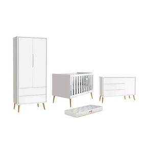 Dormitório Theo 2 Portas, Cômoda Com Porta Branco Com Pés Madeira Natural E Colchão D18 Reller Móveis Branco