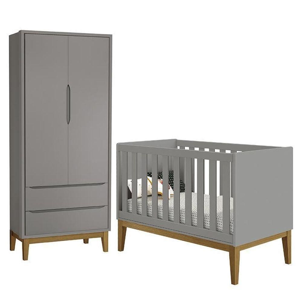 Jogo De Quarto Infantil Guarda Roupa 2 Portas E Berço Classic Cinza Fosco Com Pés Amadeirado Reller Móveis Cinza Fosco - Cinza