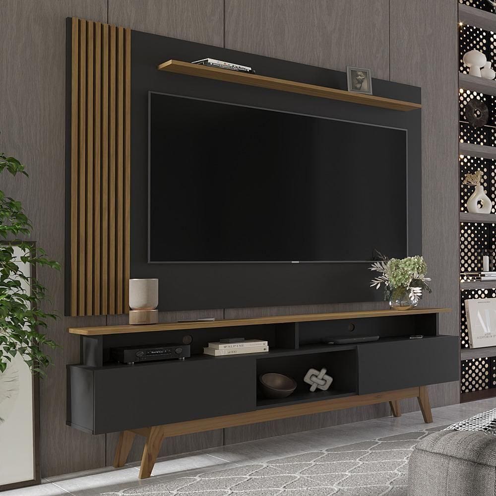 Rack Com Painel Ripado Para Tv Até 70 Polegadas 2 Gavetas Grécia 180cm Preto E Nature