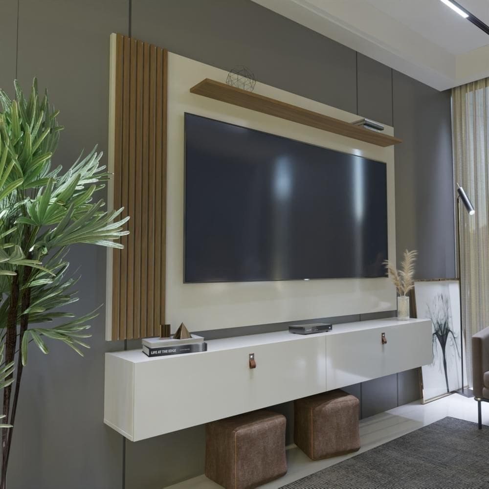 Rack Com Painel Ripado Suspenso Para Tv Até 70 Polegadas 2 Portas Grécia 180cm Off White E Nature