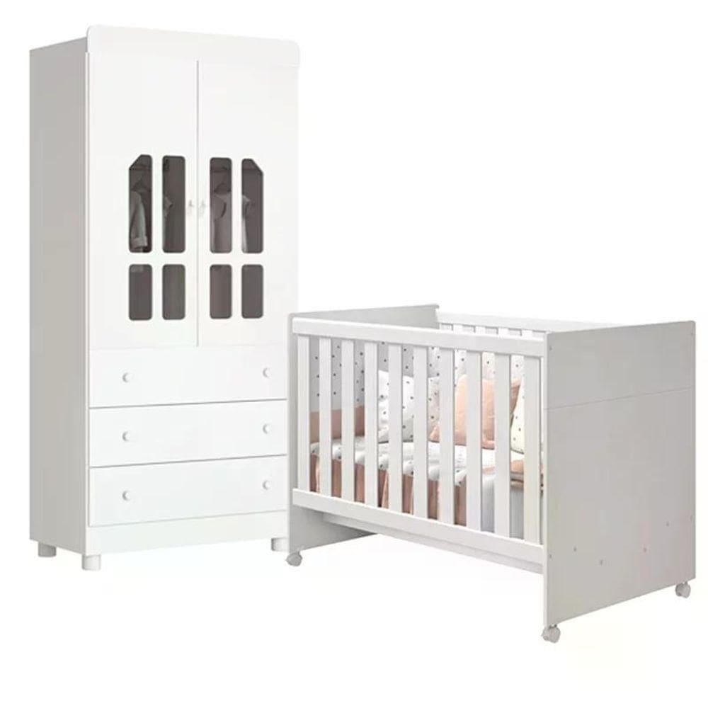 Quarto Infantil Katatau Com Guarda Roupa 2 Portas E Berço Branco Brilho Reller Móveis Branco Brilho - Branco
