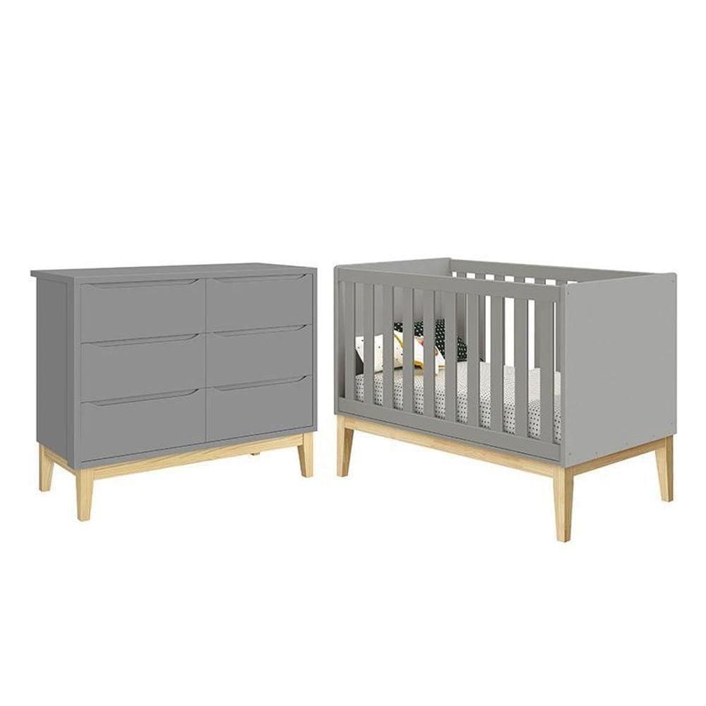 Jogo De Quarto Infantil Classic Cômoda 6 Gavetas E Berço Cinza Fosco Com Pés Madeira Natural Reller Móveis Cinza Fosco - Cinza