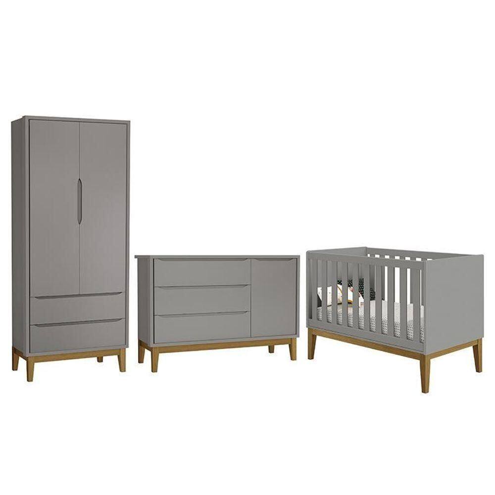 Dormitório Infantil Classic 2 Portas Cômoda 1 Porta E Berço Cinza Fosco Com Pés Amadeirado Reller Móveis Cinza Fosco - Cinza