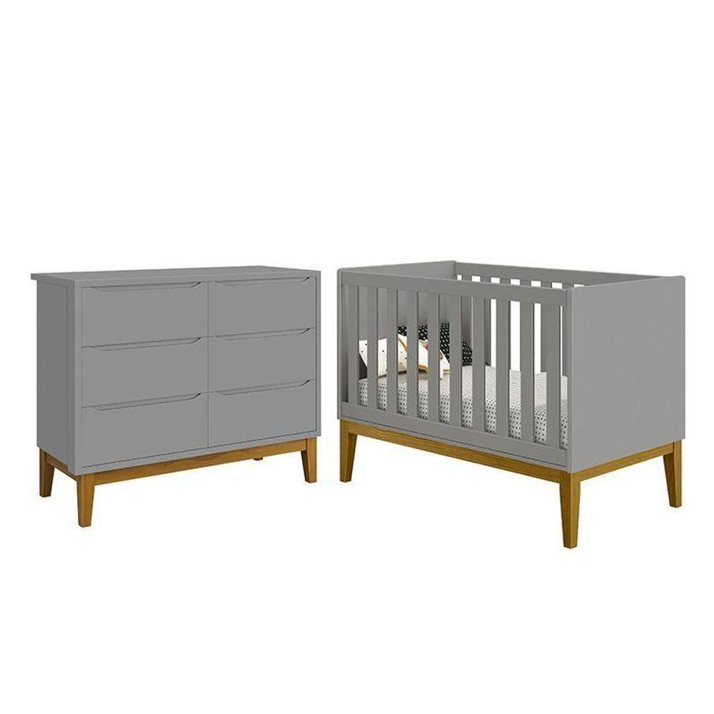 Jogo De Quarto Infantil Classic Cômoda 6 Gavetas E Berço Cinza Fosco Com Pés Amadeirado Reller Móveis Cinza Fosco - Cinza
