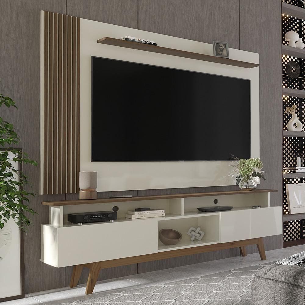 Rack Com Painel Ripado Para Tv Até 70 Polegadas 2 Gavetas Grécia 180cm Off White E Freijó