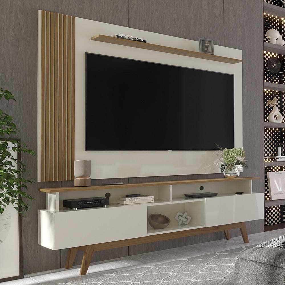 Rack Com Painel Ripado Para Tv Até 70 Polegadas 2 Gavetas Grécia 180cm Off White E Nature