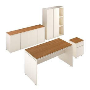 Conjunto De Escritório Office 4 Peças Mesa Gaveteiro Balcão Armário Oslo Off White E Cedro