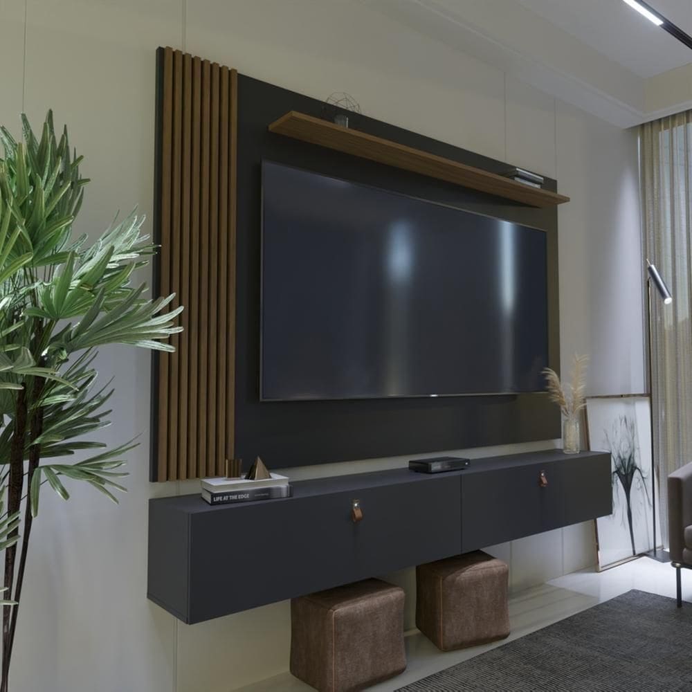 Rack Com Painel Ripado Suspenso Para Tv Até 70 Polegadas 2 Portas Grécia 180cm Preto E Nature