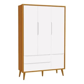 Guarda Roupa Infantil 3 Portas Theo Retrô Branco/Savana com Pés Amadeirado - Reller Móveis