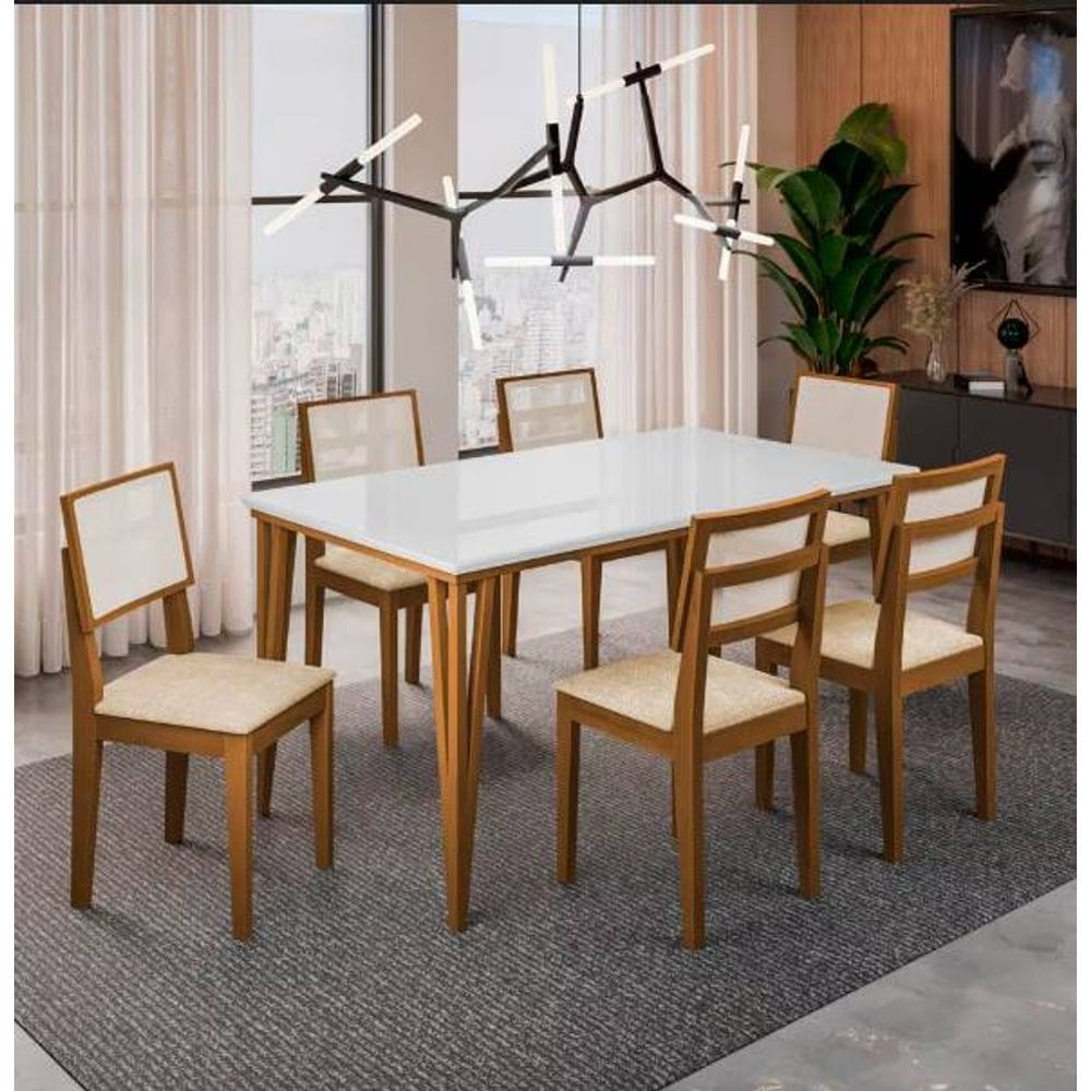 Mesa Jantar ( Madeira Maciça ) Dobue Safira com 6 Cadeiras 1,60x90cm - Imbuia/Branco/Bege
