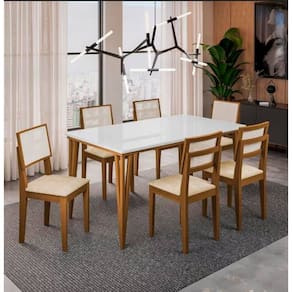 Mesa Jantar ( Madeira Maciça )  Dobue Safira com 6 Cadeiras 1,60x90cm - Imbuia/Branco/Bege