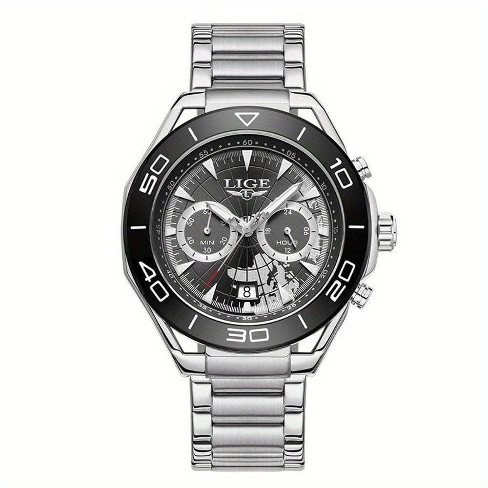 Relógio De Quartzo Para Homens Multifuncional Estilo Casual Com Pulseira De Aço Inoxidável Preto Prateado