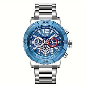 Relógio De Quartzo Masculino Em Aço Inoxidavel Design Esportivo á Prova D´agua Azul Prateado