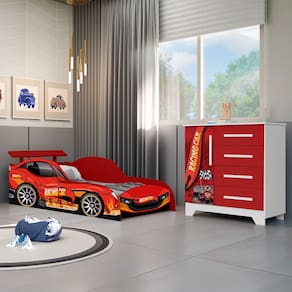 Conjunto Quarto Infantil Carros - Cama Solteiro e Cômoda Mdf - Vermelho