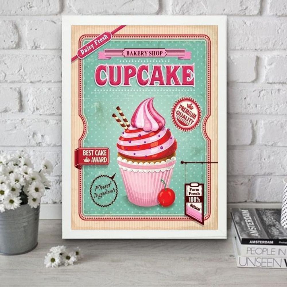 Quadro Para Cozinha Cupcake Rosa 24X18Cm - Com Vidro