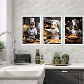 Kit 3 Quadros Para Cozinha Gatos Cozinhando 45X34Cm