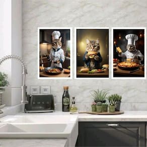 Kit 3 Quadros Cozinha Gatos Com Comidas 33X24Cm - Com Vidro