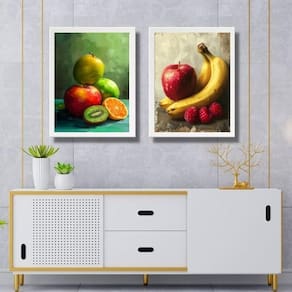 Kit 2 Quadros Cozinha - Arte Frutas 24X18Cm - Com Vidro