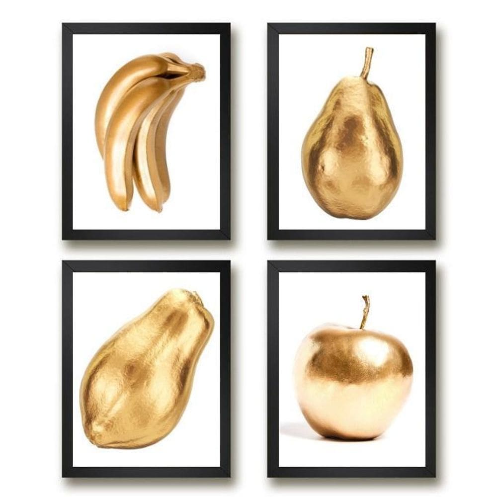 Kit 4 Quadros Cozinha Frutas Douradas 45X34Cm