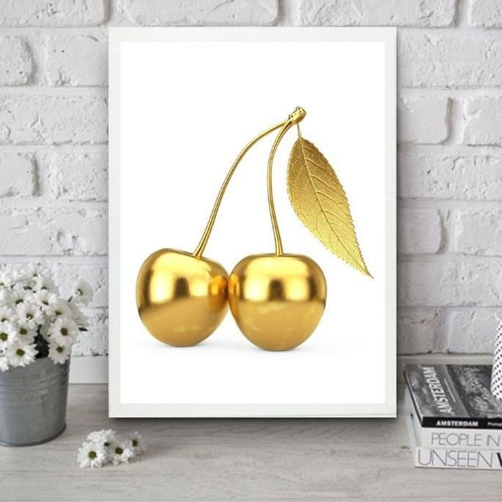 Quadro Para Cozinha Cereja Dourada 24X18Cm - Com Vidro