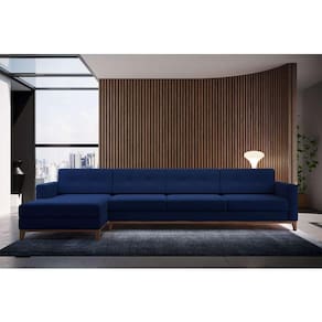 Sofá 4 Lugares Living com Chaise Esquerdo Pés e Base em Madeira Linho Cotton Azul Marinho