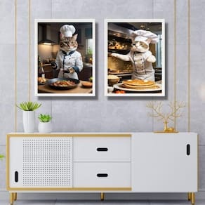 Kit 2 Quadros Cozinha Gatos Chefs 33X24Cm - Com Vidro