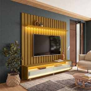 Rack com Painel Ripado até 70 Polegadas Sintra com LED 2 GV Cedro e Off White Alt 218 Larg 177 cm