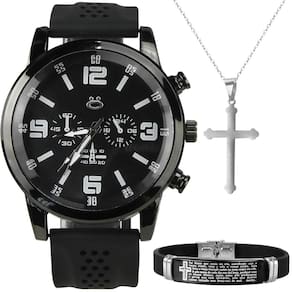 Relógio Masculino Preto + Colar Crucifixo + Pulseira Silicone Black Ajustável Garantia