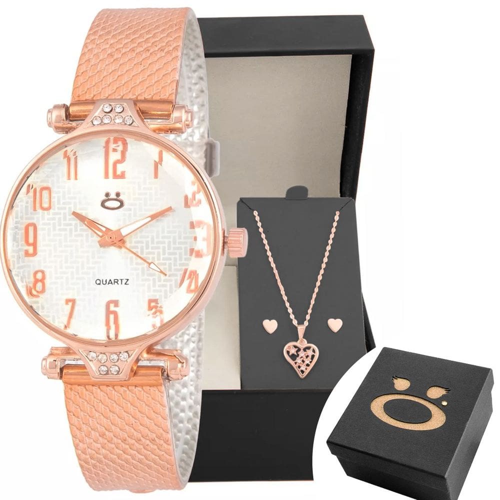 Relógio Feminino Rose Aço + Colar Coração Brinco + Caixa Luxo Moda Social Ponteiro Qualidade