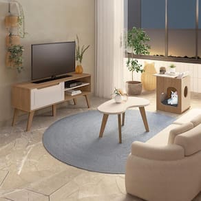 Conjunto para Sala de Estar Lotus com Rack para TV até 60 Polegadas, Mesa de Centro e Mesa Lateral Carvalho e Off White