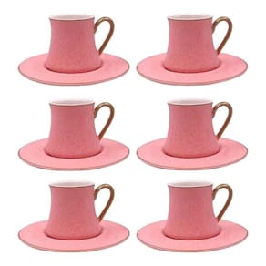 Cj 6 Xícaras P/Café C/Pires de Porcelana Rosa C/Aça Dourada Galet 80ml L`Hermitage