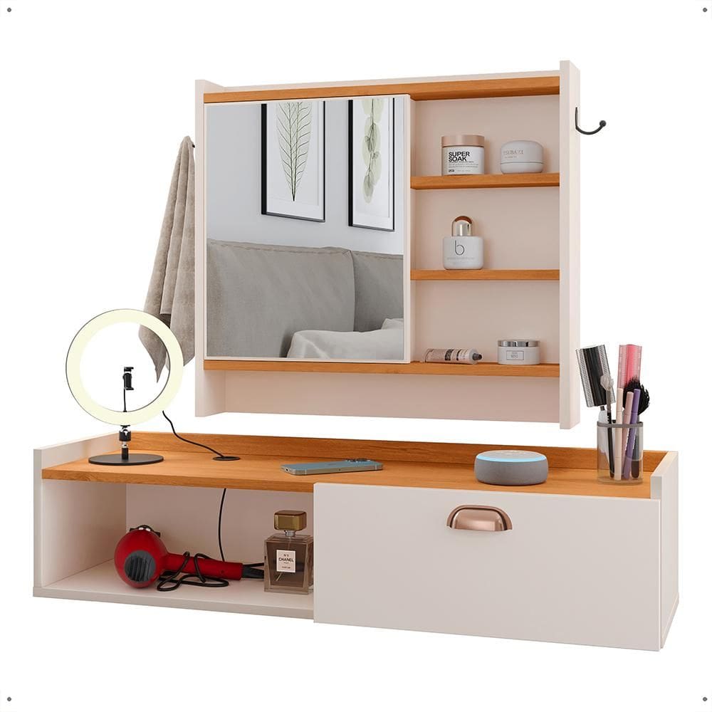 Kit Casa Espelheira 1 Porta Rack Suspenso Nicho Puxador Concha Decoração Multiuso Sala Banheiro Quarto - Lojas RPM
