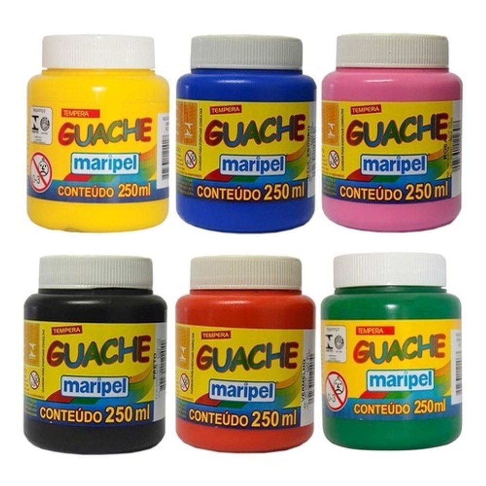 Kit 6 Cores Básicas de Tinta Guache 250ml - Maripel | Escolar | Artesanato