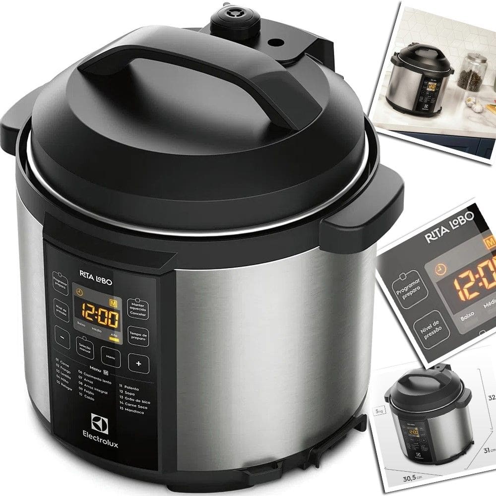 Panela Pressao Elétrica 6L Electrolux pcc20 Antiaderente Preta Experience por Rita Lobo Aço Escovado