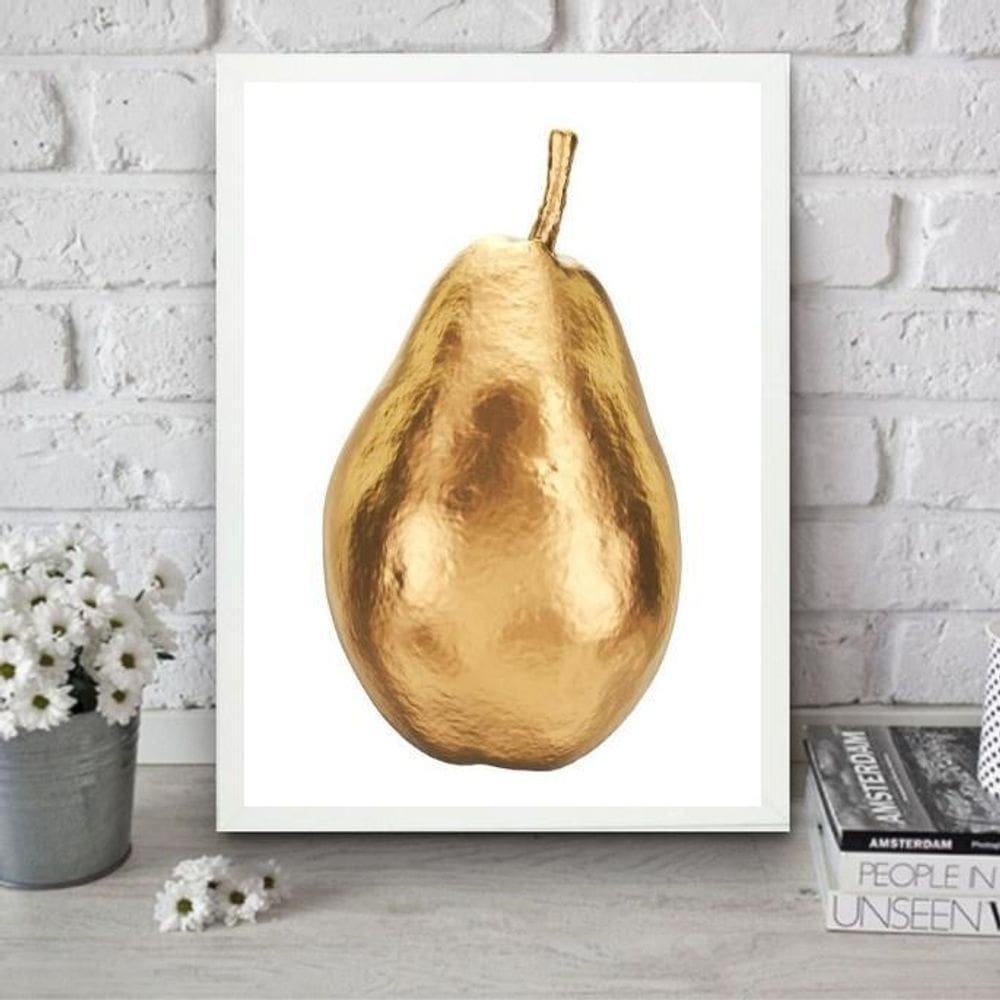 Quadro Para Cozinha Pera Dourada 45X34Cm - Com Vidro