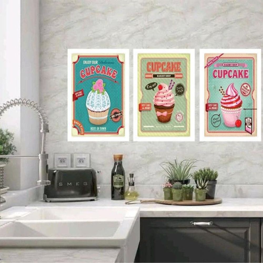 Kit 3 Quadros Cozinha - Cupcakes 24X18Cm - Com Vidro