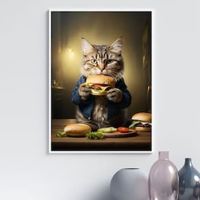 Quadro Cozinha Gato Comendo Hamburguer 45X34Cm