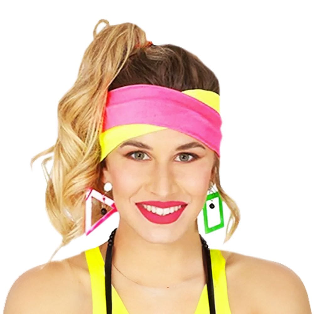 Kit Acessório Fantasia Anos 80 Vintage Neon New Wave Festa Carnaval: Faixas Cabelo + Colar + Brincos = 4 Produtos