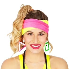 Kit Acessório Fantasia Anos 80 Vintage Neon New Wave Festa Carnaval: Faixas Cabelo + Colar + Brincos = 4 Produtos
